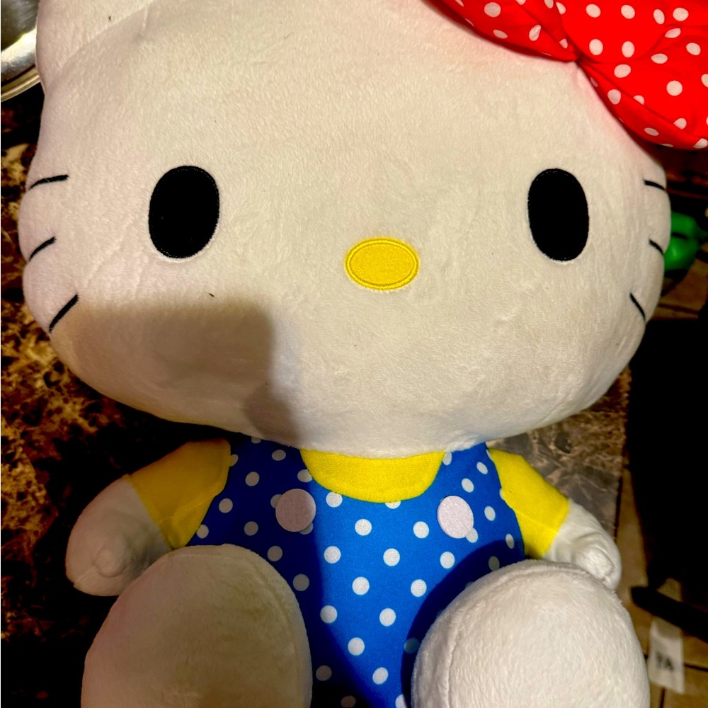 Hello Kitty Plush with Blue Polka-Dot Outfit and Red Bow